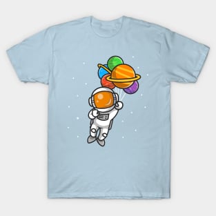 Cute Astronaut Flying With Planet Balloons In Space Cartoon T-Shirt